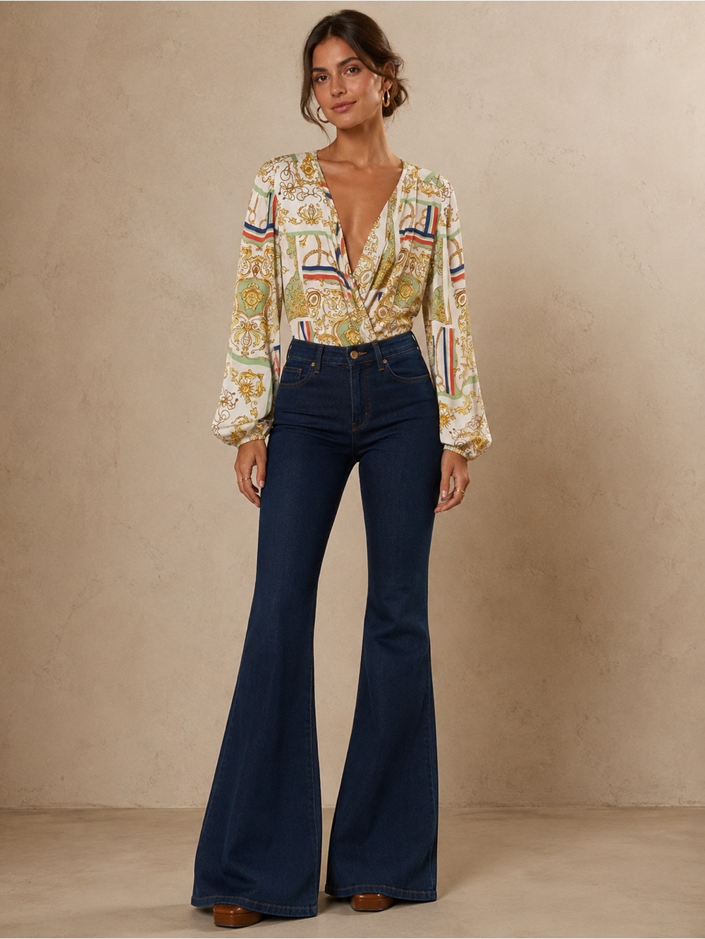 Timing Multi-Print V-Neck Long Sleeve Bodysuit - White, Gold, Blue